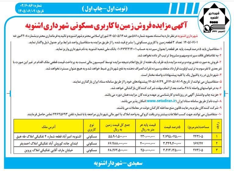 آگهی مزایده فروش زمین با کاربری مسکونی شهرداری اشنویه